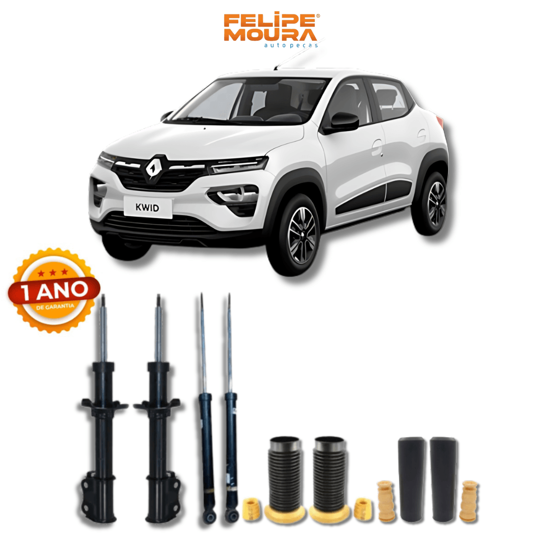 Kit Completo de Amortecedores Dianteiros e Traseiros com Kits de Batentes e Guarda-Pó Renault Kwid 2017 Até 2024 - Remanufaturado - Felipe Moura Auto Peças