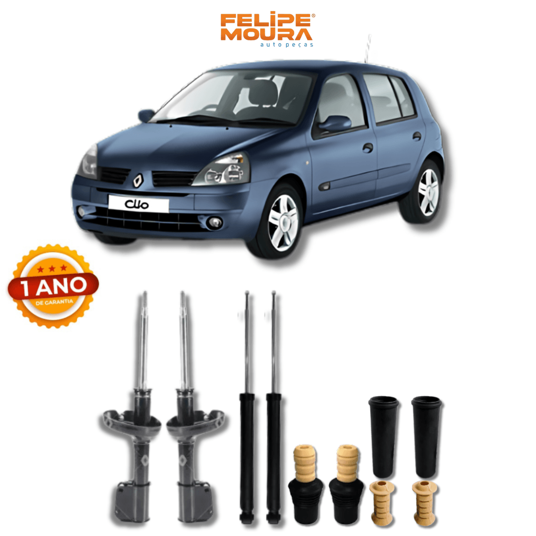 Kit Completo de Amortecedores Dianteiros e Traseiros com Kit de Batentes e Guarda-Pó Renault Clio 2000 Até 2011 - Remanufaturado - Felipe Moura Auto Peças