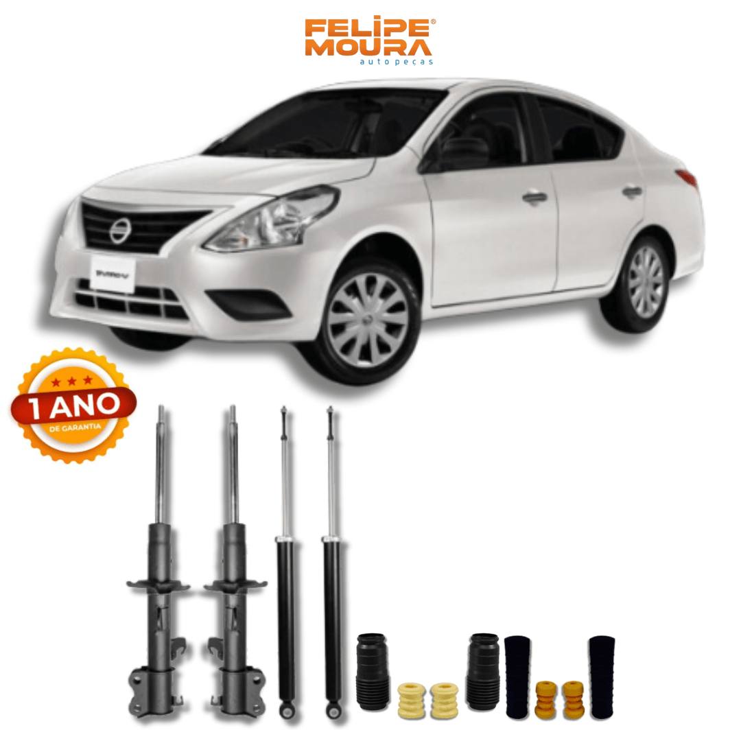 Kit Completo de Amortecedores Dianteiros e Traseiros com Kits de Batentes e Guarda-Pó Nissan Versa/March 2014 até 2020 - Remanufaturado - Felipe Moura Auto Peças