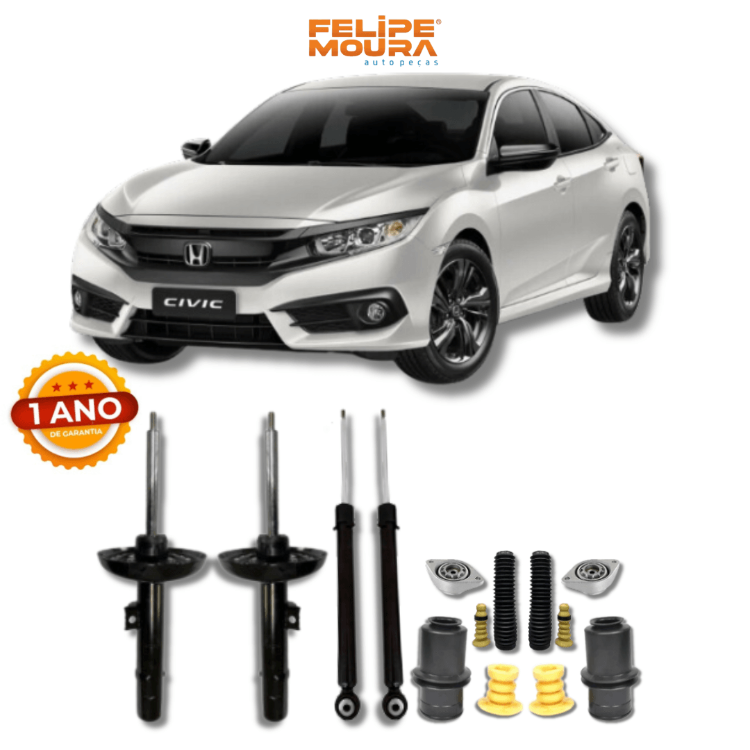 Kit Completo Amortecedores Dianteiros e Traseiros com Batentes e Guarda-Pó Honda Civic G-10 2017 até 2021 - Remanufaturado - Felipe Moura Auto Peças