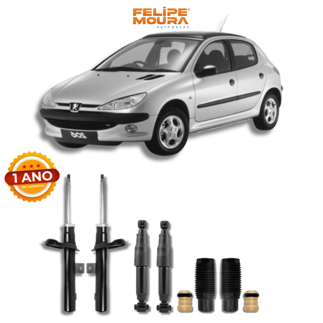 Kit Completo de Amortecedores Dianteiros e Traseiros com Kits de Batentes e Guarda-Pó Peugeot 206 1998 Até 2016 - Remanufaturado - Felipe Moura Auto Peças