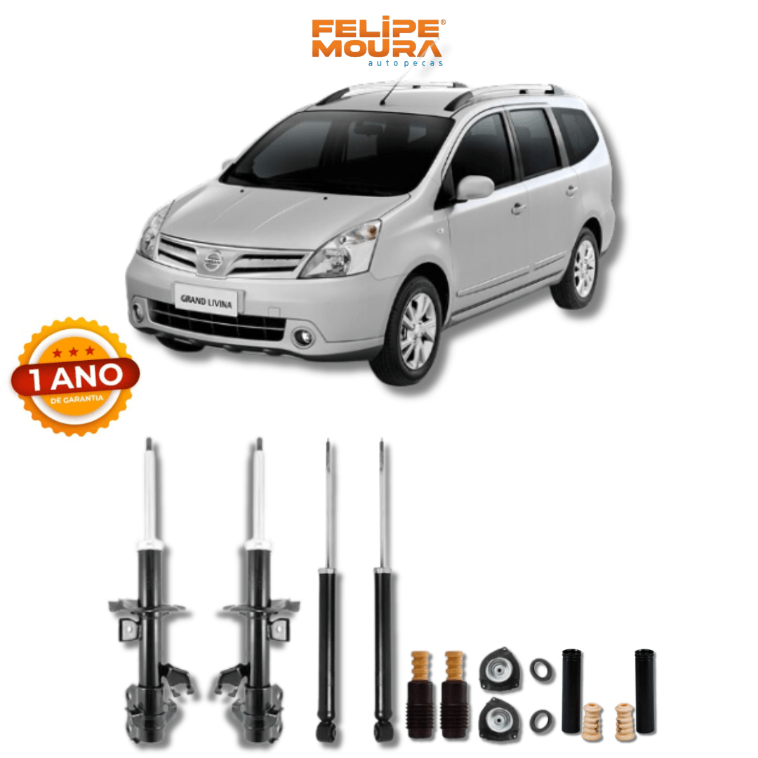 Kit Completo de Amortecedores Dianteiros e Traseiros com Kits de Batentes e Guarda-Pó Nissan Livina 2006 Até 2015 - Remanufaturado - Felipe Moura Auto Peças