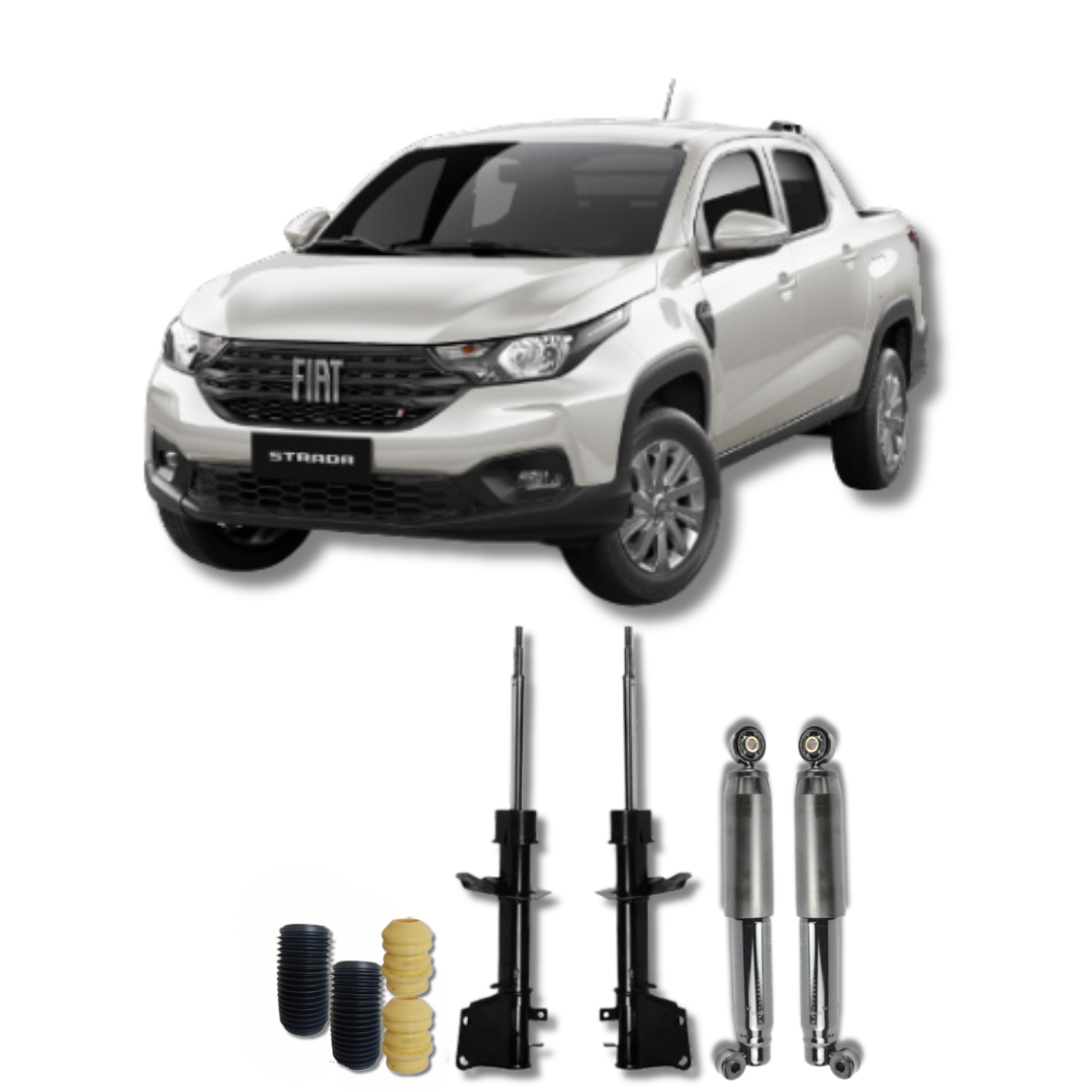 Kit Completo de Amortecedores Dianteiros e Traseiros com Kits de Batentes e Guarda-Pó Fiat Strada Freedom 2018 Até 2021 - Remanufaturado