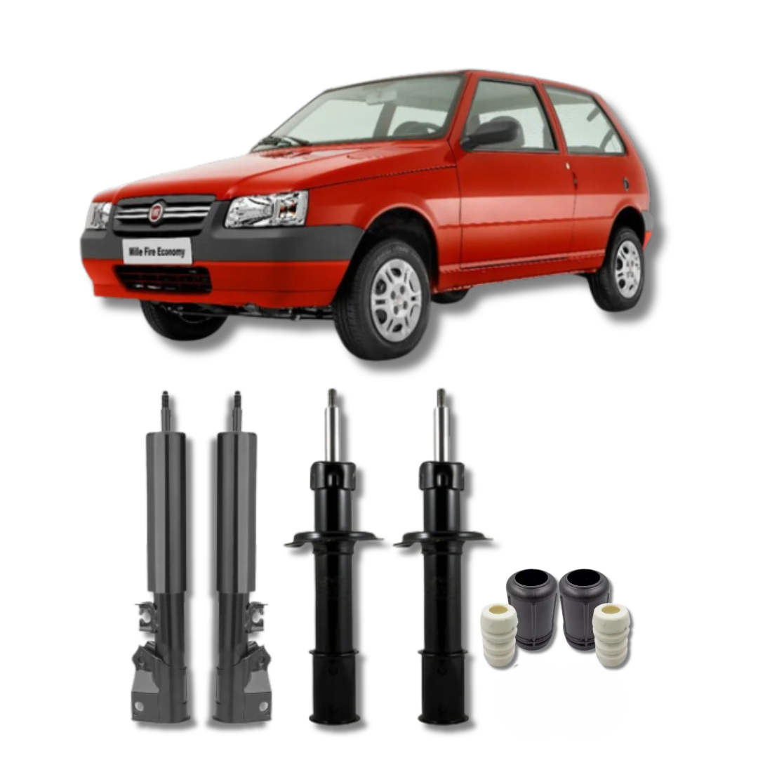 Kit Completo de Amortecedores Dianteiros e Traseiros com Kits de Batentes e Guarda-Pó Fiat Uno Antigo até 1990/Mille até 1994 - Remanufaturado