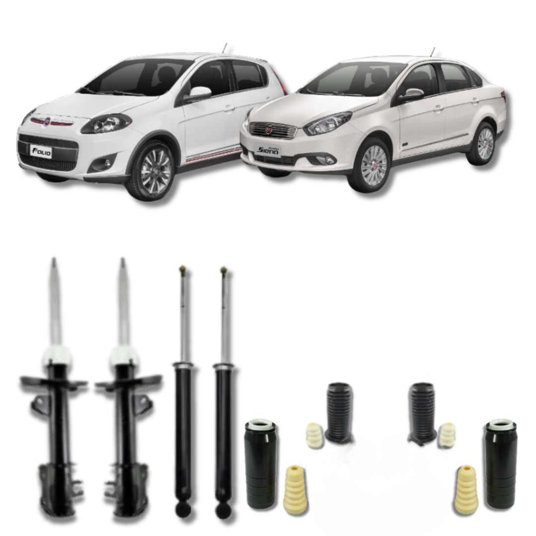 Kit Completo de Amortecedores Dianteiros e Traseiros com Kits de Batentes e Guarda-Pó Novo Palio/Grand Siena 2012 Até 2021 - Remanufaturado